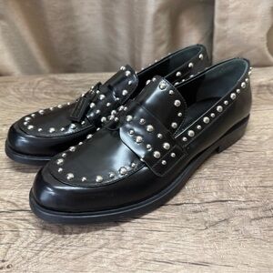 Napoleoni‎ Made in Italy Silver Studded Black Leather Loafers Size 38 - 8